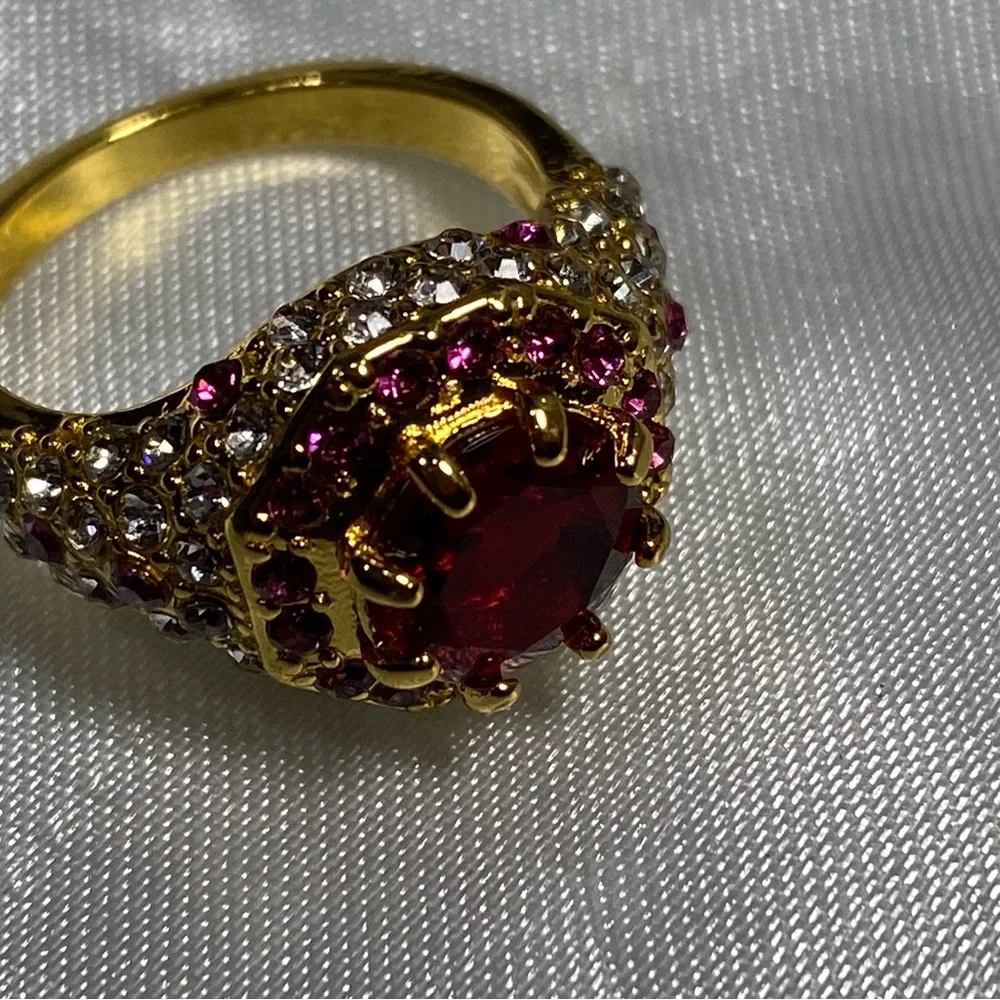 Gold Style Ring with Red Gemstone and Crystal Accents, costume jewelry
